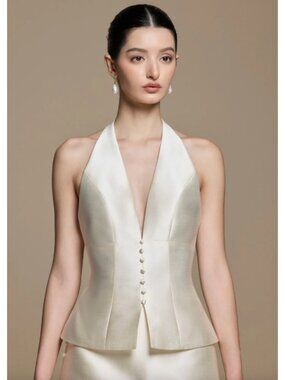 Huong Boutique Harper Top Medium Cream Taffeta Halter Top Wedding Bride Modern